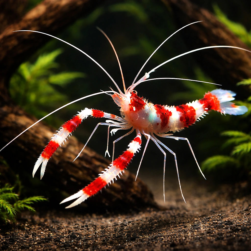 Stenopus hispidus Coral Banded Shrimp M — tropical fish for sale UK — AI hero driftwood view