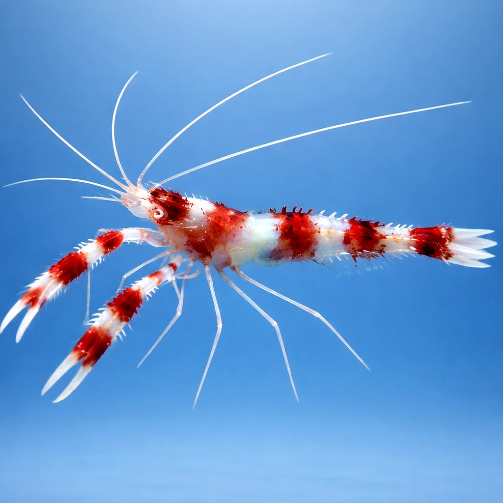 Stenopus hispidus Coral Banded Shrimp M — tropical fish for sale UK — AI side clean view