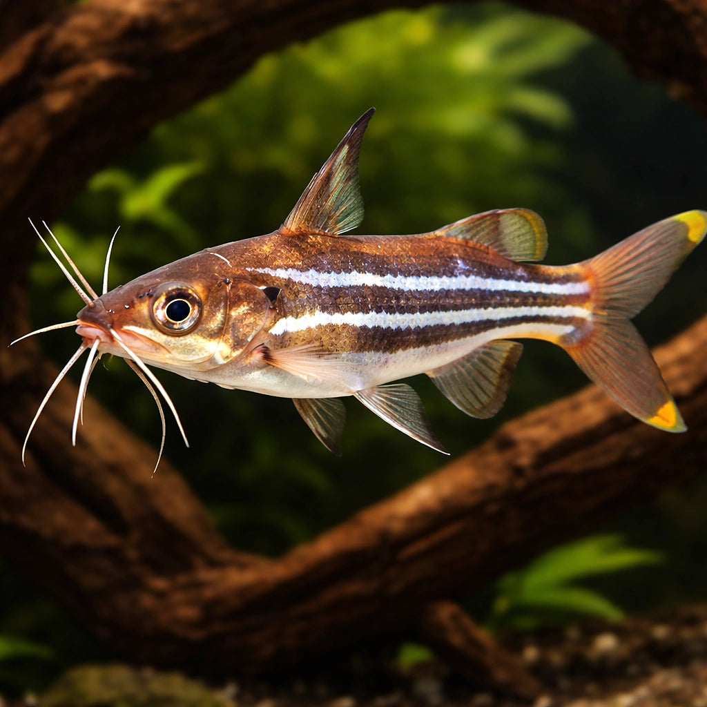 Striped Catfish, Pyjama Cat — tropical fish for sale UK — AI hero driftwood view