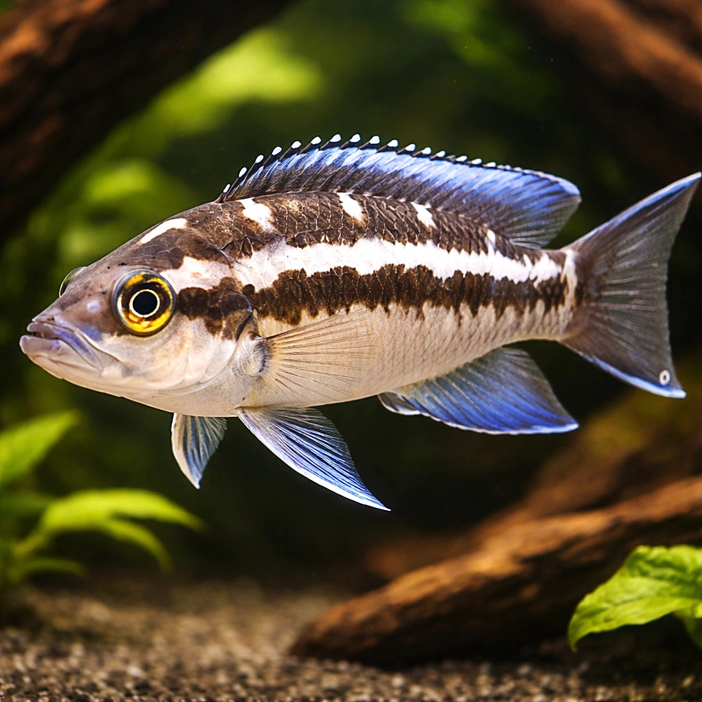Striped Lamprologus "Katoto" — tropical fish for sale UK — AI hero driftwood view
