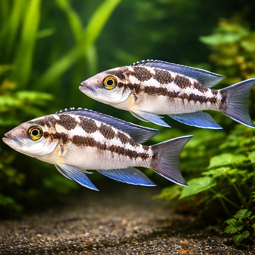 Striped Lamprologus "Katoto" — tropical fish for sale UK — AI pair planted view