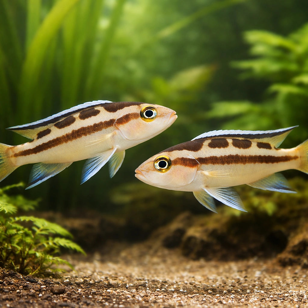 Striped Lamprologus — tropical fish for sale UK — AI pair planted view