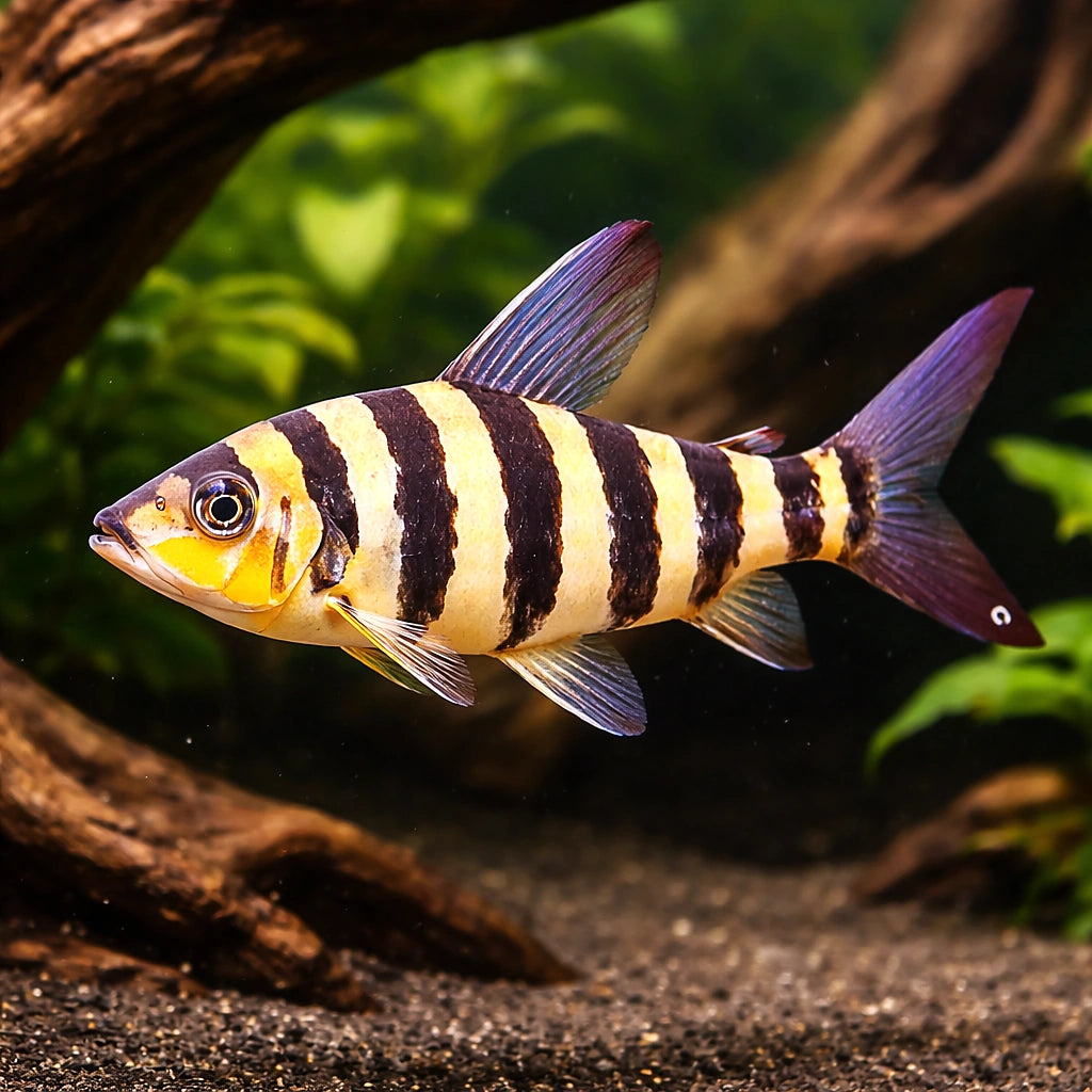 Striped Leporinus — tropical fish for sale UK — AI hero driftwood view