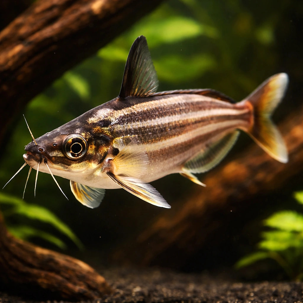 Striped Schilbe Catfish — tropical fish for sale UK — AI hero driftwood view