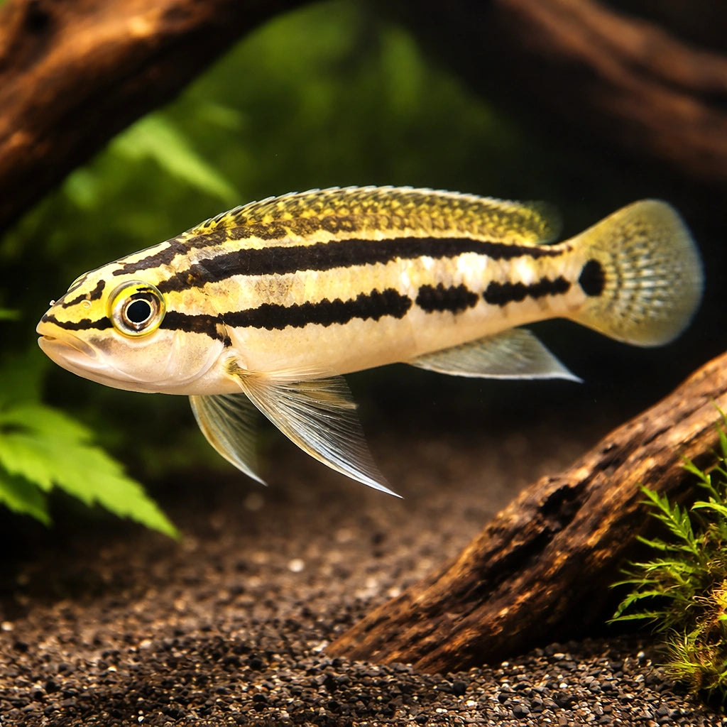 Striped Telmat, Two Banded — tropical fish for sale UK — AI hero driftwood view