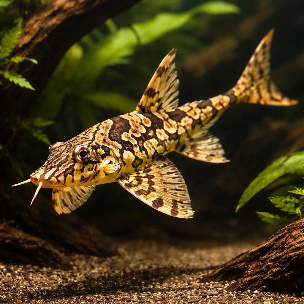 Sturisomaichtis leightoni 6 - — tropical fish for sale UK — AI hero driftwood view