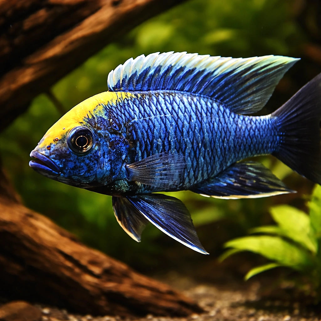 Sulphurhead Peacock, Maylandii — tropical fish for sale UK — AI hero driftwood view