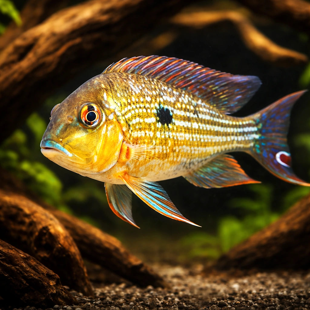 Surinam Geophagus — tropical fish for sale UK — AI hero driftwood view