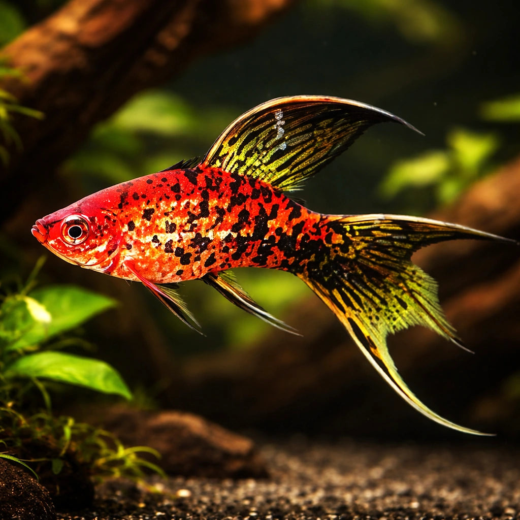 Swordtail Berlin Lyra — tropical fish for sale UK — AI hero driftwood view