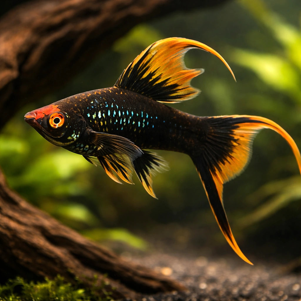 Swordtail Black Lyra — tropical fish for sale UK — AI hero driftwood view