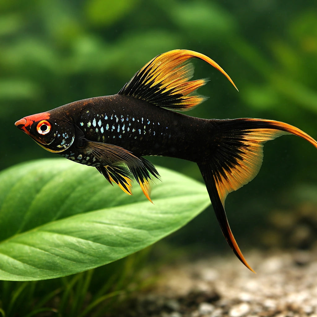 Swordtail Black Lyra — tropical fish for sale UK — AI scale plant view
