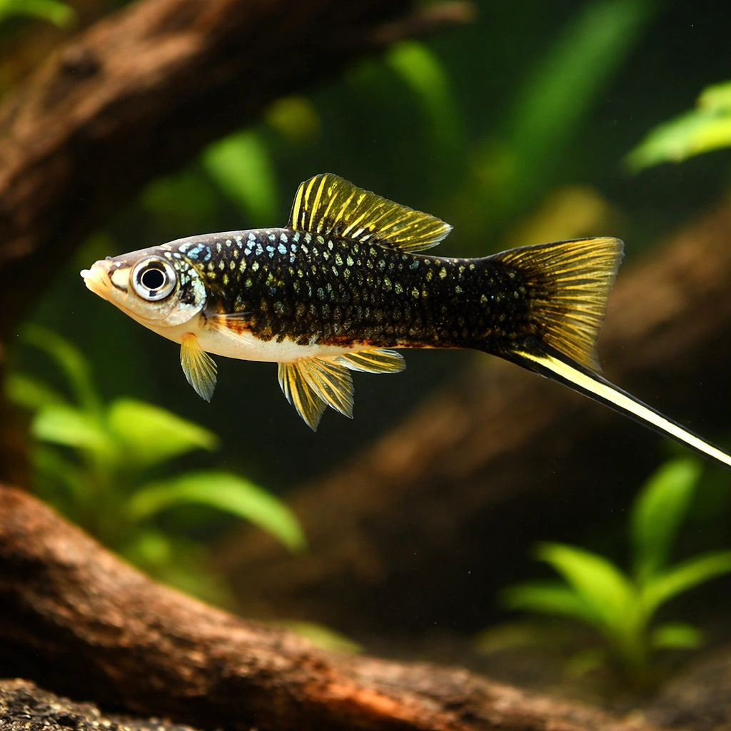 Swordtail Black — tropical fish for sale UK — AI hero driftwood view