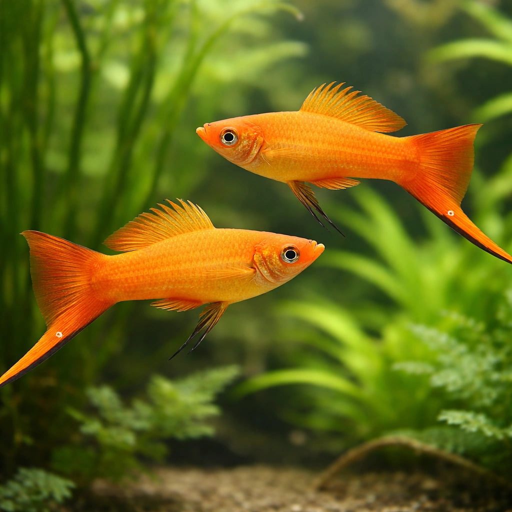 Swordtail Commet pink — tropical fish for sale UK — AI pair planted view