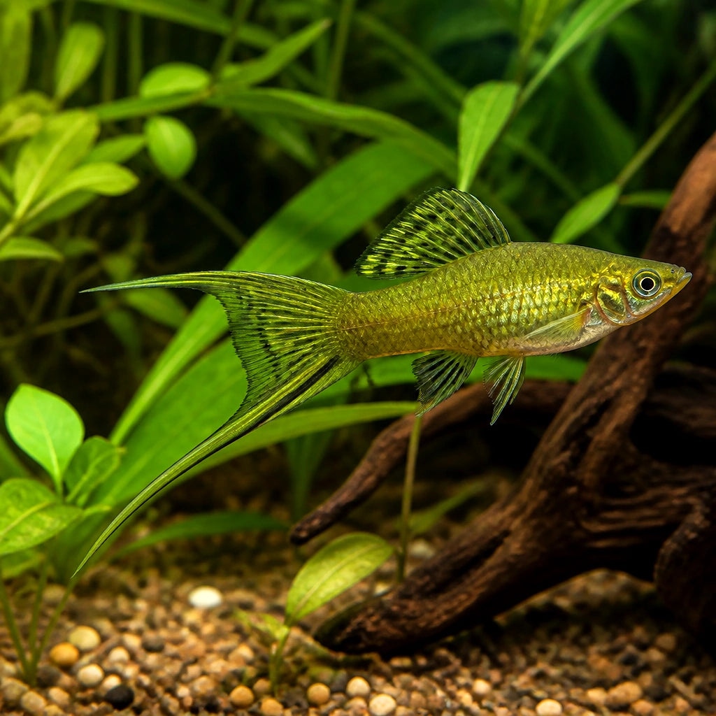 Vienna Broccoli Swordtail - Xiphophorus Hellerii - Livebearer, Peaceful Companions for Beginners, Easy Care Freshwater Fish That Flourish in Diverse Aquatic Environments, Vibrant Colors for Any Aquarium — for sale UK — AI natural aquarium view
