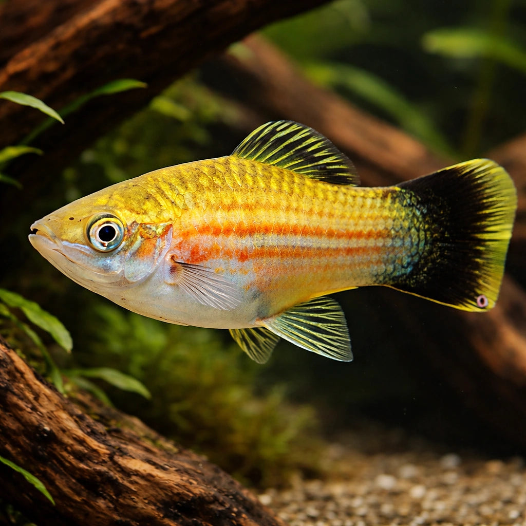 Swordtail Green Wagtail — tropical fish for sale UK — AI hero driftwood view