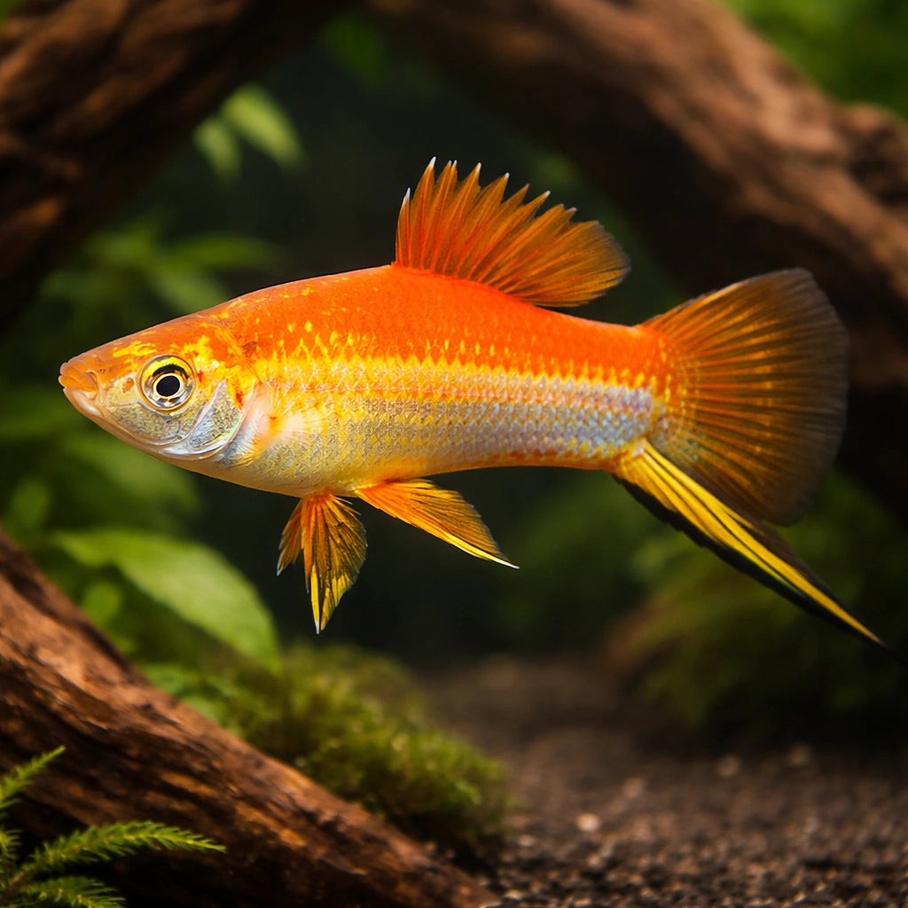 Swordtail Marry Gold — tropical fish for sale UK — AI hero driftwood view