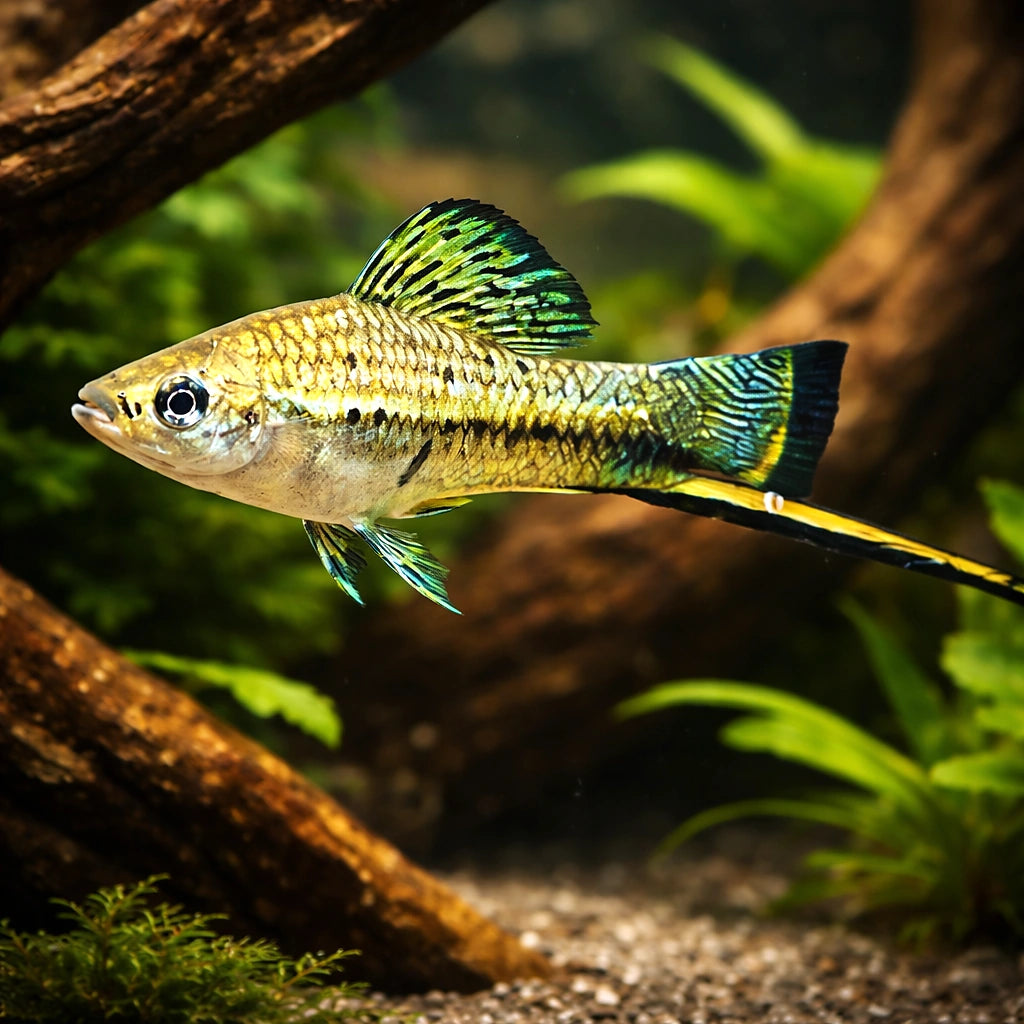 Swordtail Montezumae — tropical fish for sale UK — AI hero driftwood view