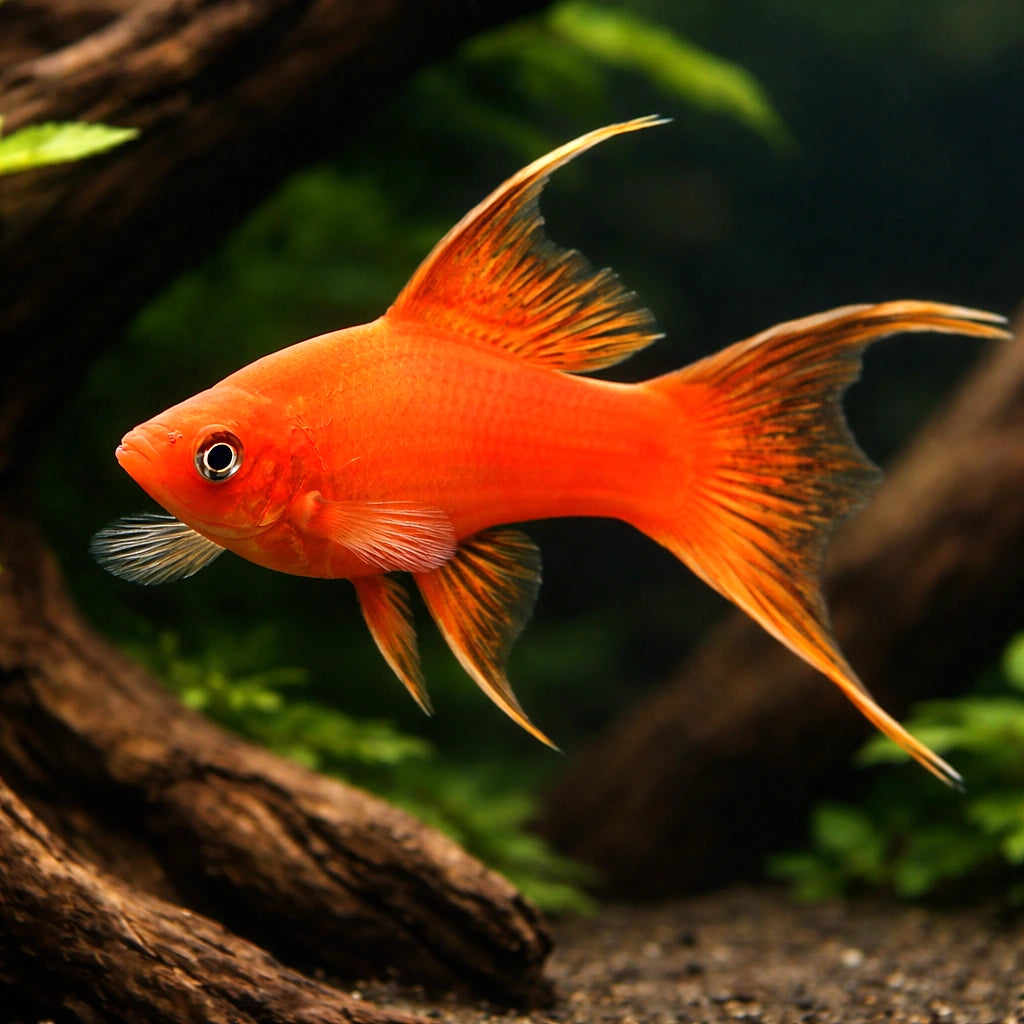Swordtail Red Lyra — tropical fish for sale UK — AI hero driftwood view