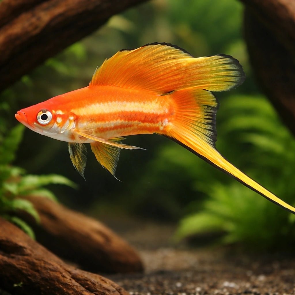 Swordtail Red Simpson — tropical fish for sale UK — AI hero driftwood view