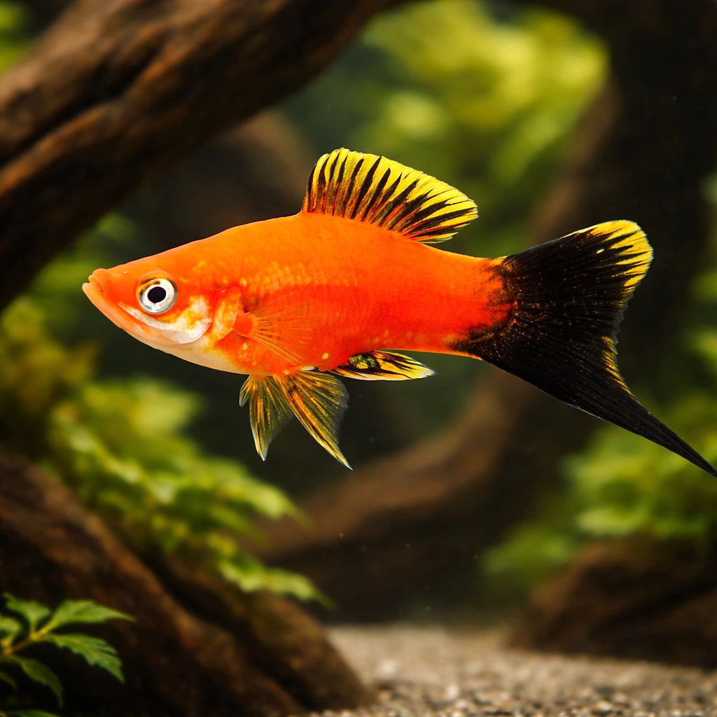 Swordtail Red Wagtail — tropical fish for sale UK — AI hero driftwood view