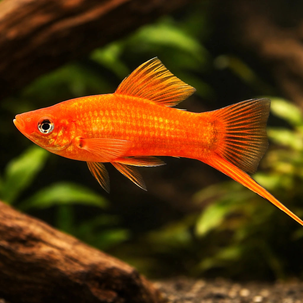 Swordtail Red — tropical fish for sale UK — AI hero driftwood view