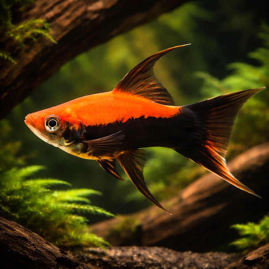 Swordtail Tuxedo Lyra — tropical fish for sale UK — AI hero driftwood view