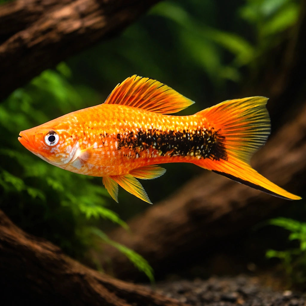 Swordtail Tuxedo — tropical fish for sale UK — AI hero driftwood view