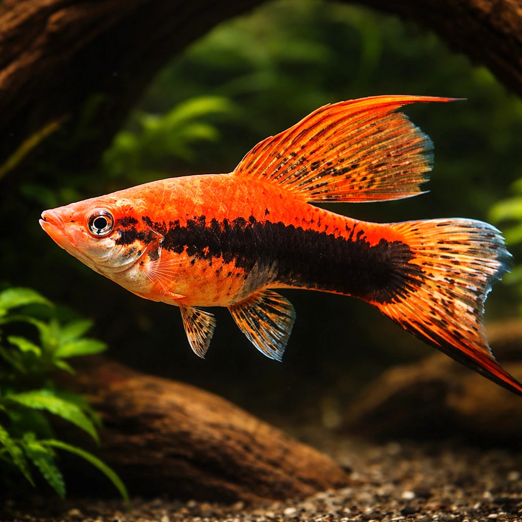 Swordtail Wien Lyra — tropical fish for sale UK — AI hero driftwood view