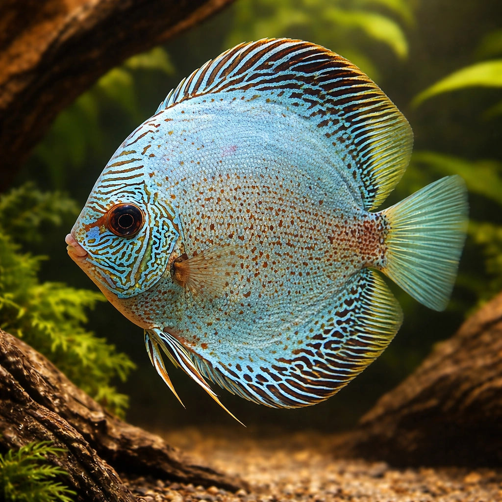 Symphysodon Blue Snake Skin — tropical fish for sale UK — AI hero driftwood view