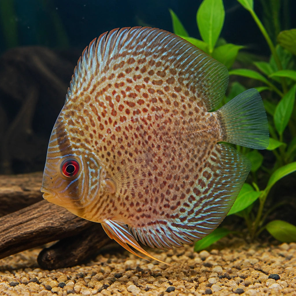 Leopard Spotted Discus Fish - Aquarium Fish Stunning , Elegant Cichlids That Thrive in Planted Tanks, Enjoying Optimal Care and Beautiful Surroundings — for sale UK — AI natural aquarium view