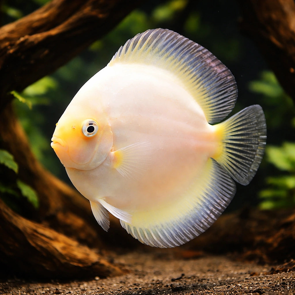 Symphysodon White Diamant — tropical fish for sale UK — AI hero driftwood view