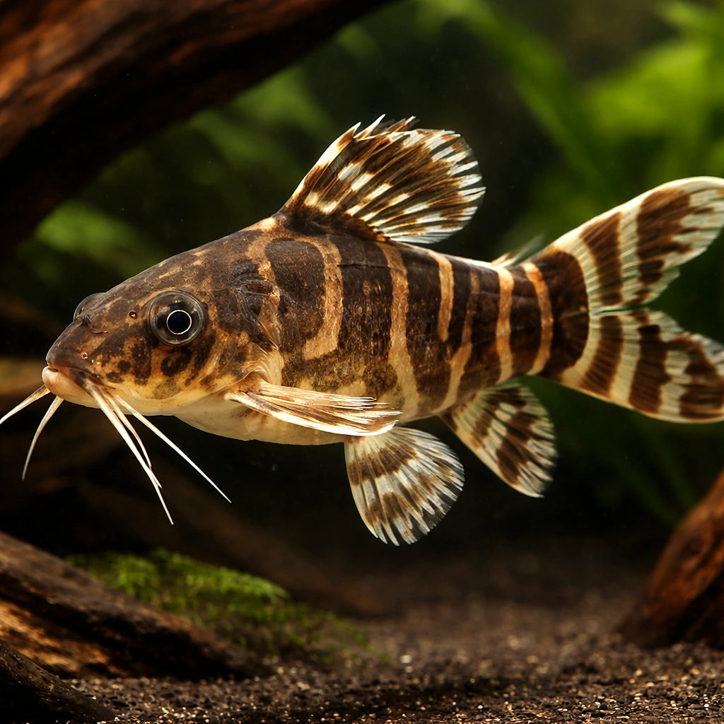 Synodontis ornatipinnis 4 - — tropical fish for sale UK — AI hero driftwood view