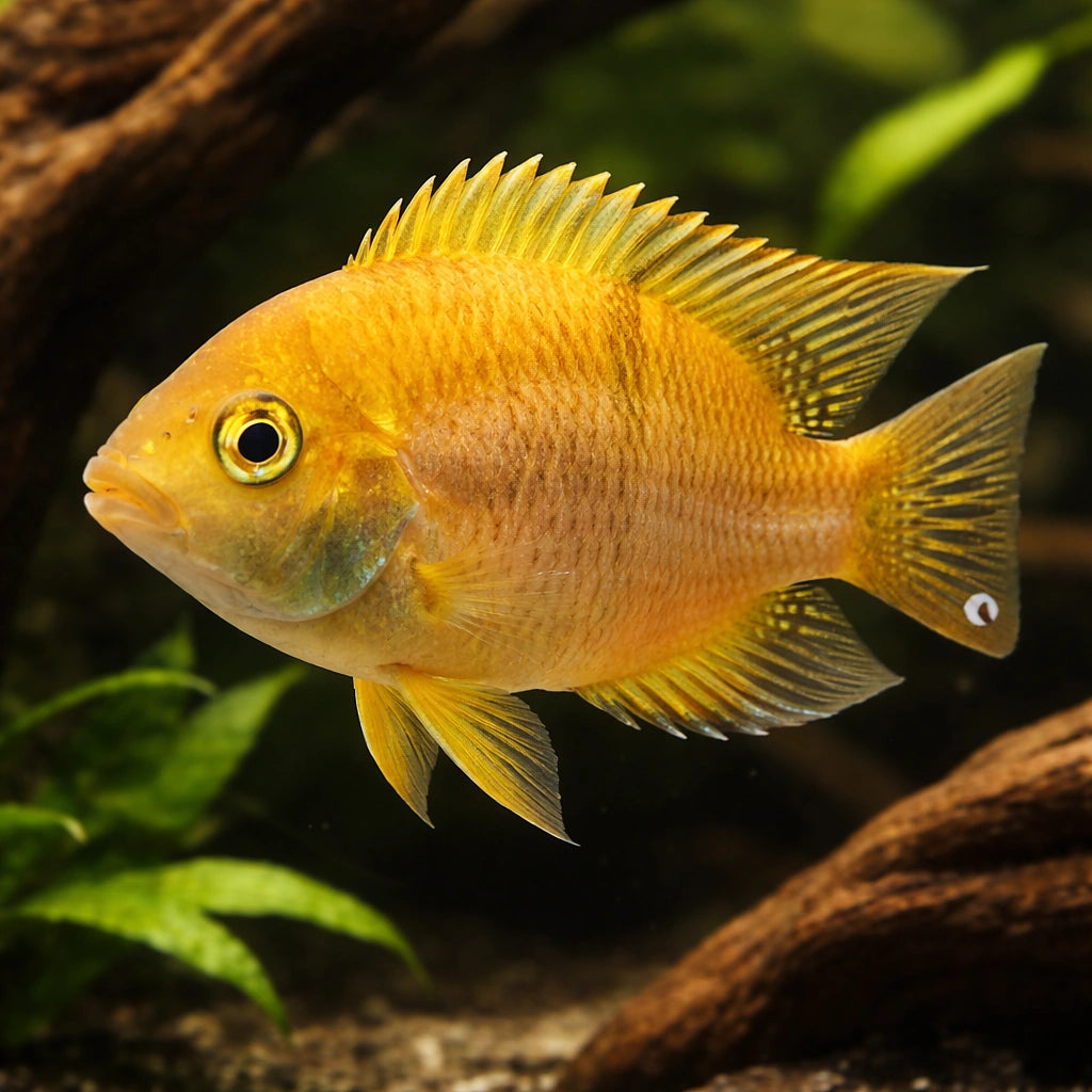 T-Bar Cichlid gold — tropical fish for sale UK — AI hero driftwood view
