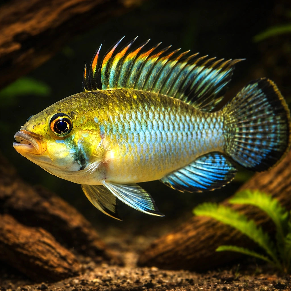 Thick Lips Dwarf cichlid — tropical fish for sale UK — AI hero driftwood view
