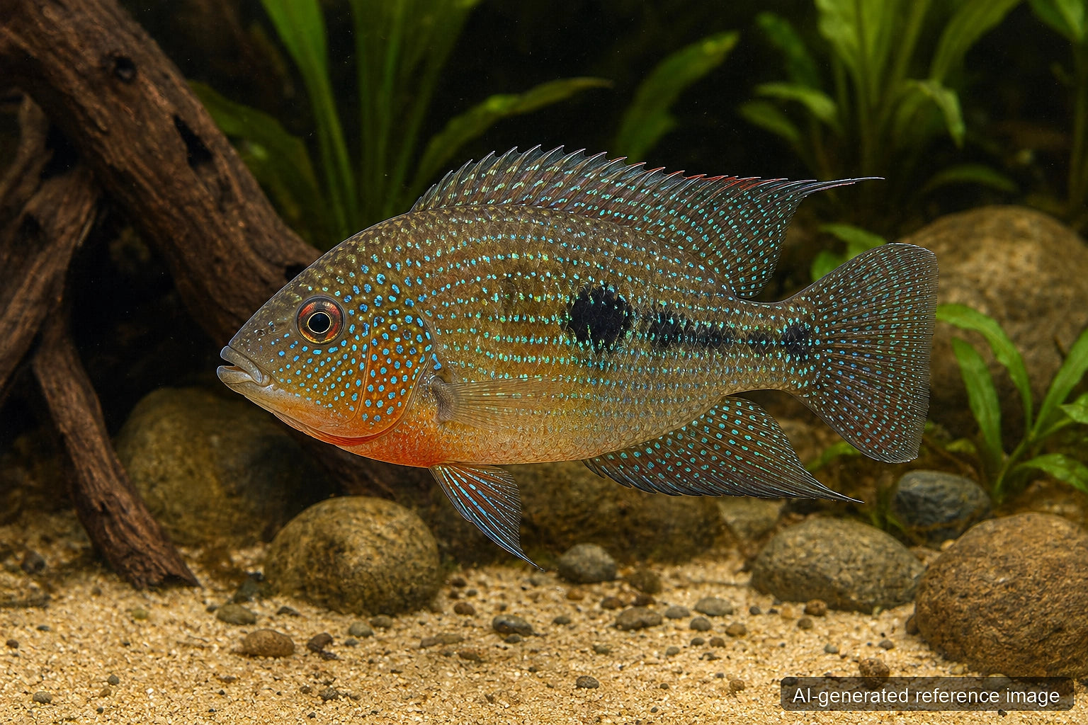 Thorichthys ellioti Elliotts Cichlid with blue-green spangles and orange throat - AI-generated reference image