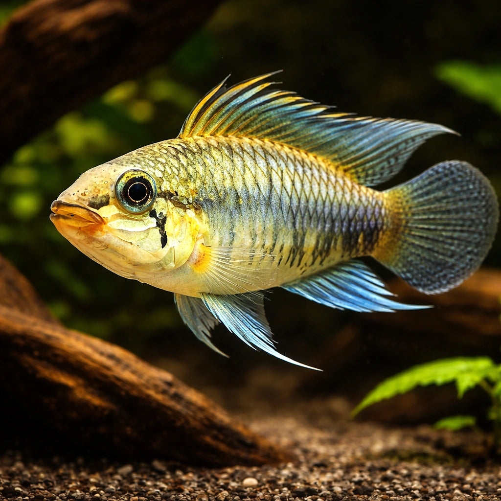 Threadfin Dwarf Cichlid Atabapo F1 — tropical fish for sale UK — AI hero driftwood view