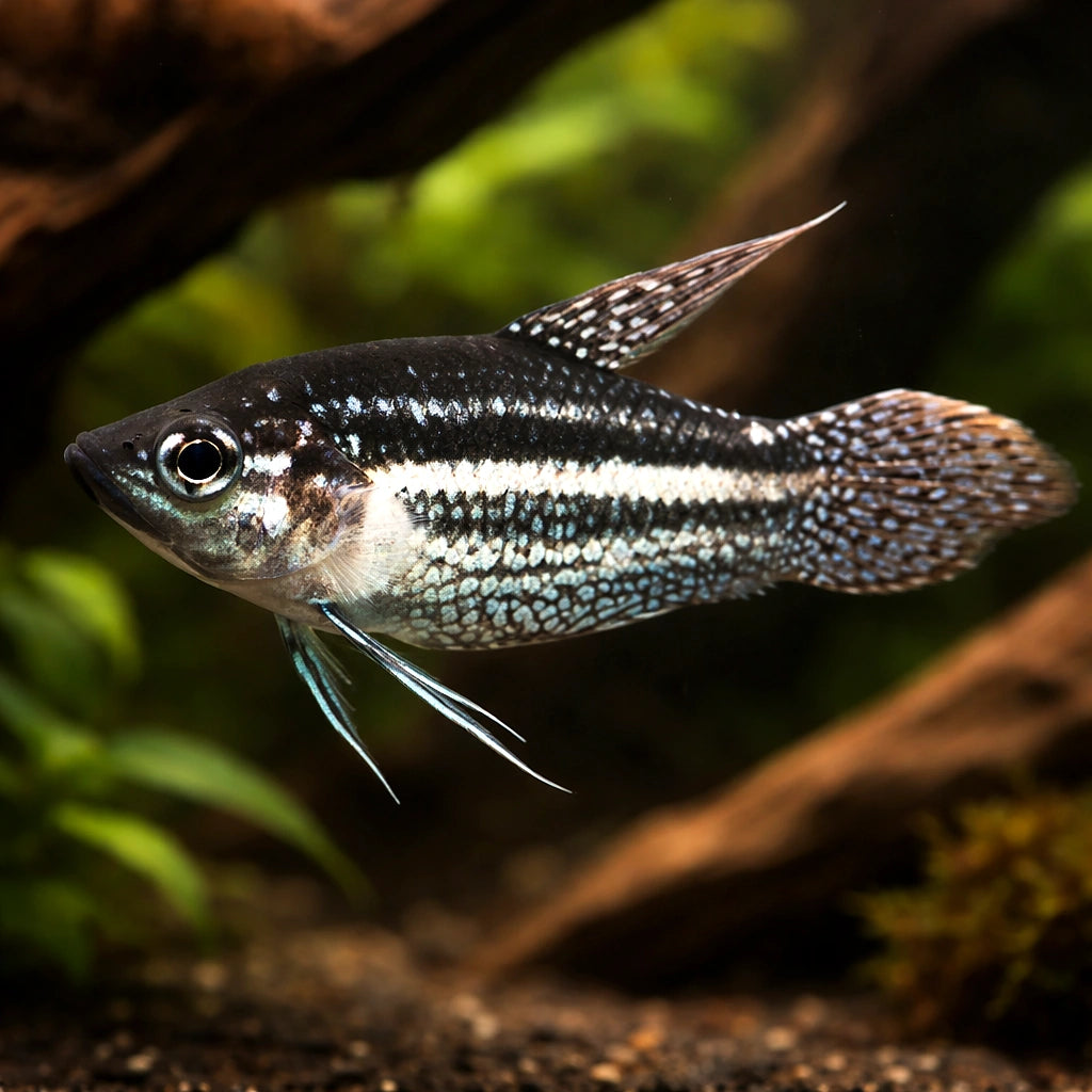 Three-Striped Croaking Gourami — tropical fish for sale UK — AI hero driftwood view