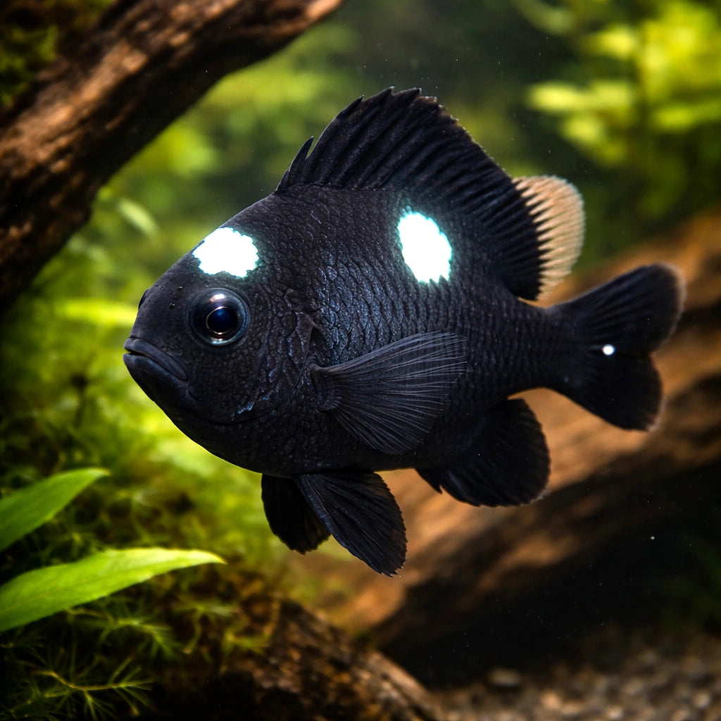 Threespot Dascyllus — tropical fish for sale UK — AI hero driftwood view