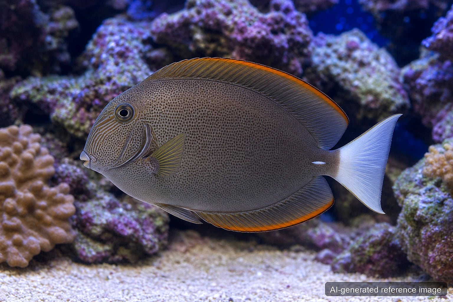 Tomini Surgeonfish Ctenochaetus tominiensis with grey body, orange fin margins and pale tail - AI-generated reference image