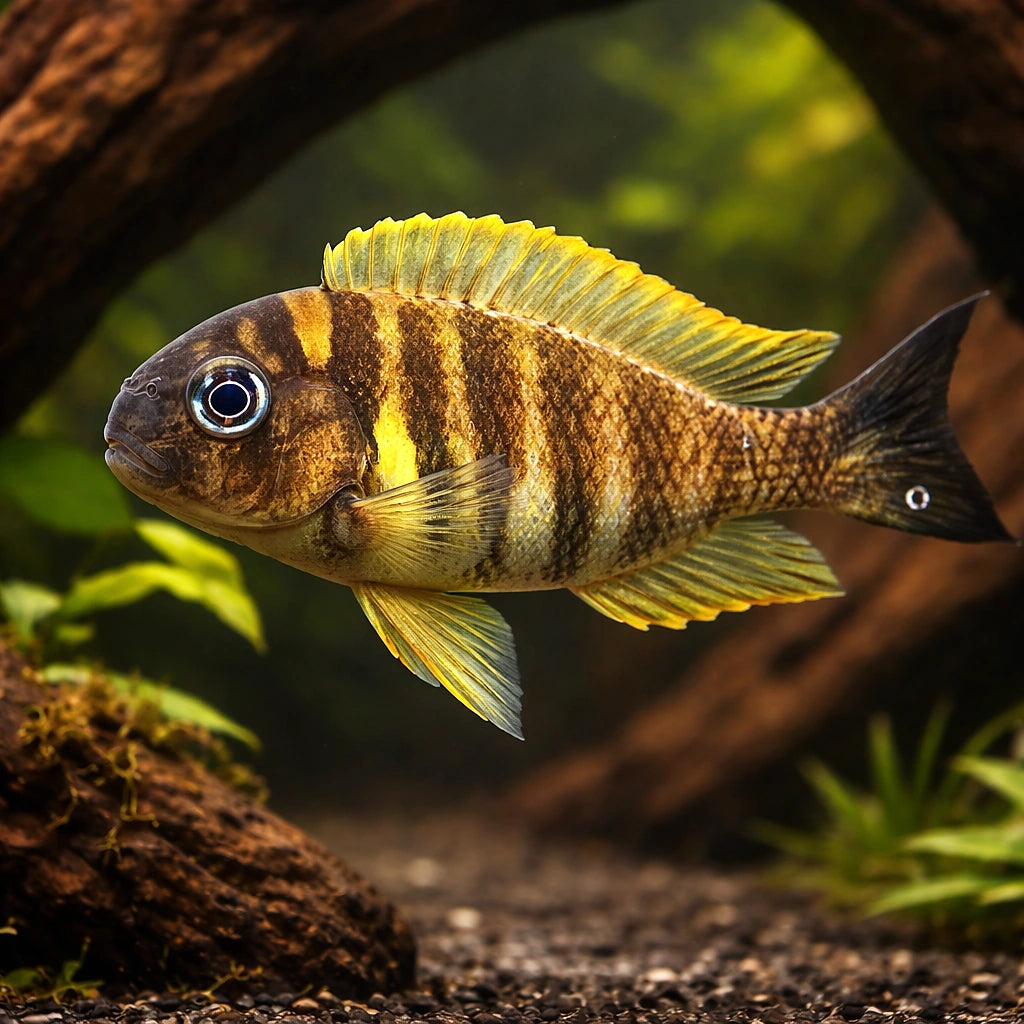 Tropheus brichardi kipilli — tropical fish for sale UK — AI hero driftwood view