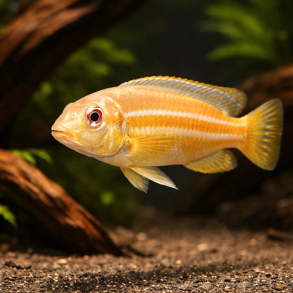 Nyasa golden cichlid albino — Albino Golden Mbuna Cichlid - UK (Melanochromis auratus) — Bright Albino Golden Mbuna Cichlid…