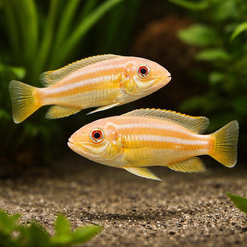 Nyasa golden cichlid albino — Albino Golden Mbuna Cichlid - UK (Melanochromis auratus) — Bright Albino Golden Mbuna Cichlid…