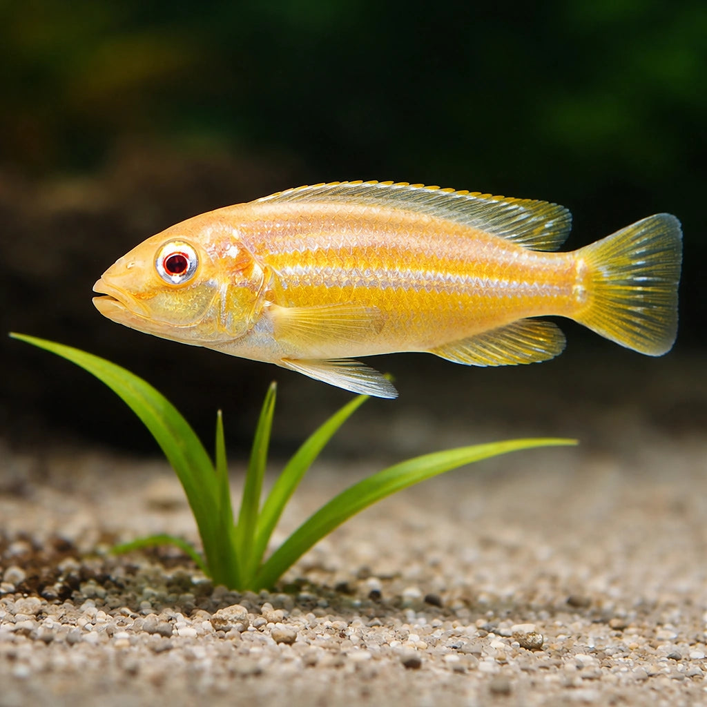 Nyasa golden cichlid albino — Albino Golden Mbuna Cichlid - UK (Melanochromis auratus) — Bright Albino Golden Mbuna Cichlid…