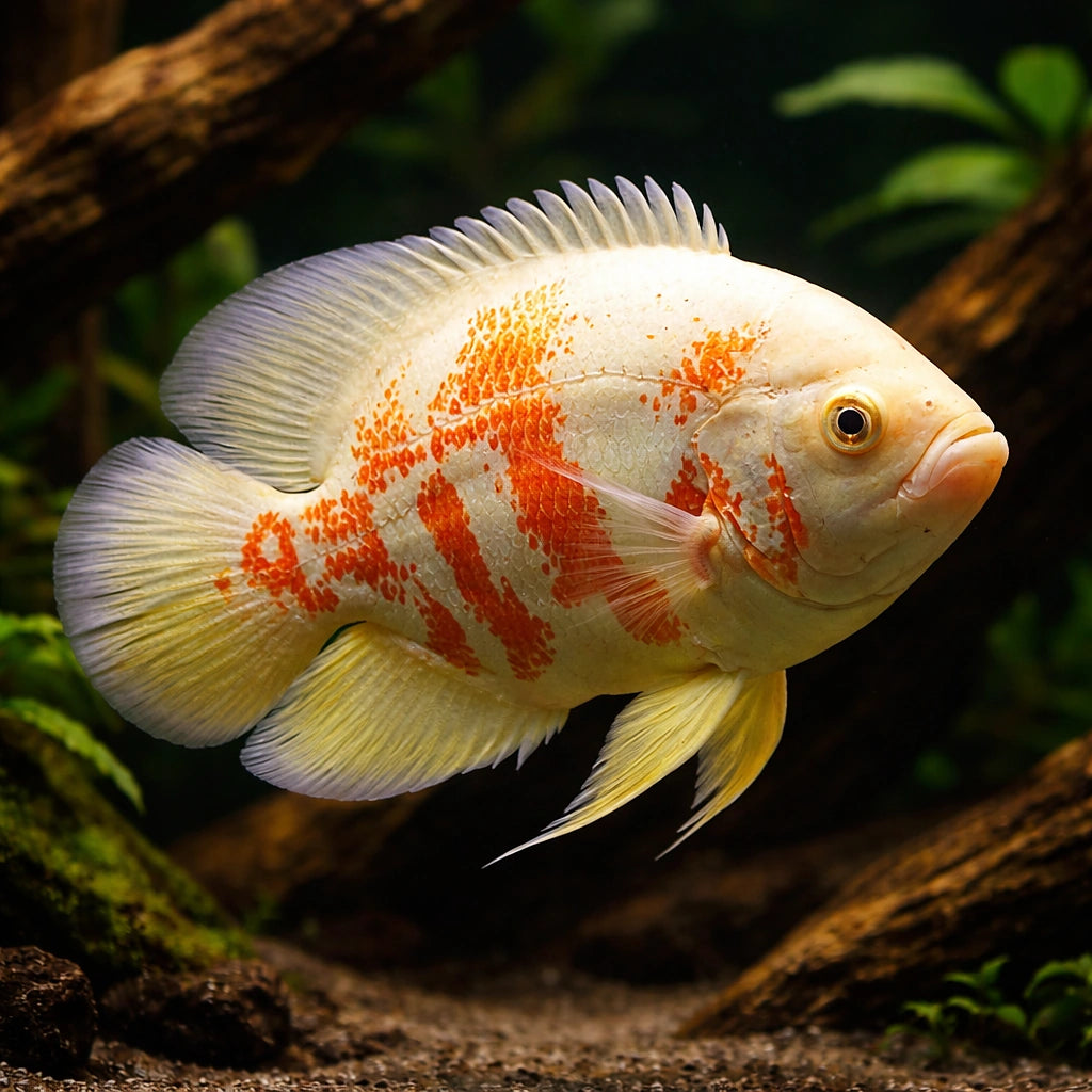 Oscar albino — Albino Oscar (Astronotus ocellatus var. albino) (Astronotus ocellatus var. albino) — A large predatory — hero…