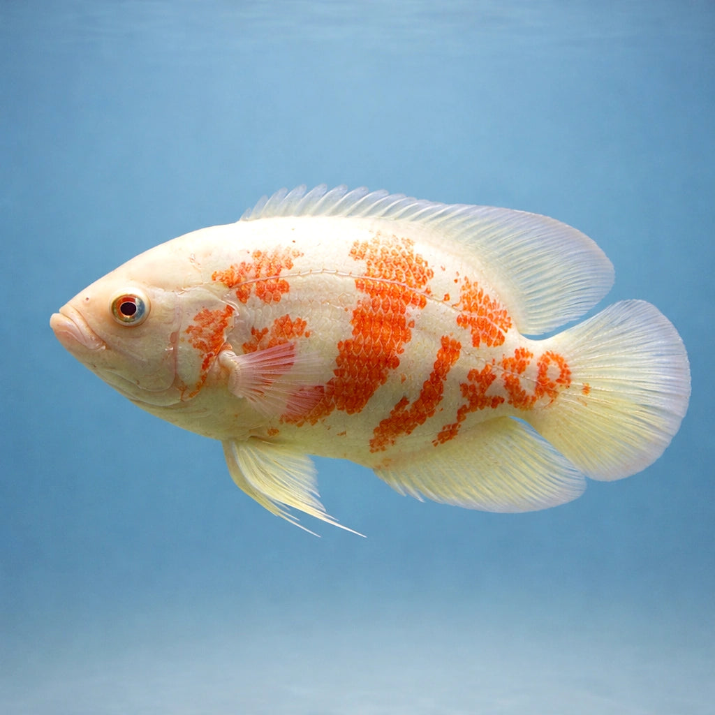 Oscar albino — Albino Oscar (Astronotus ocellatus var. albino) (Astronotus ocellatus var. albino) — A large predatory — side…