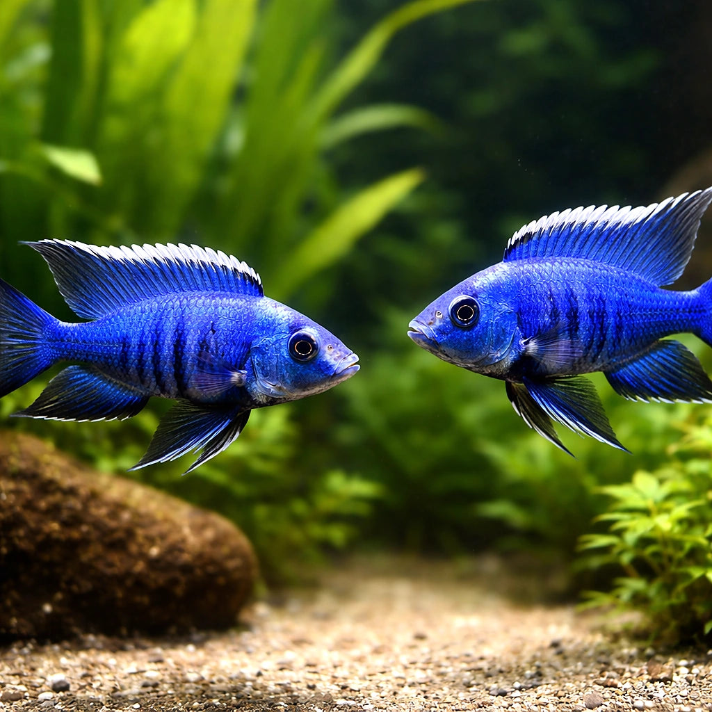 Neon Red Calico Peacock Cichlid (Aulonocara sp. 'Calico') (Aulonocara sp. 'Calico') — A vibrant Aulonocara hybrid from Lake…