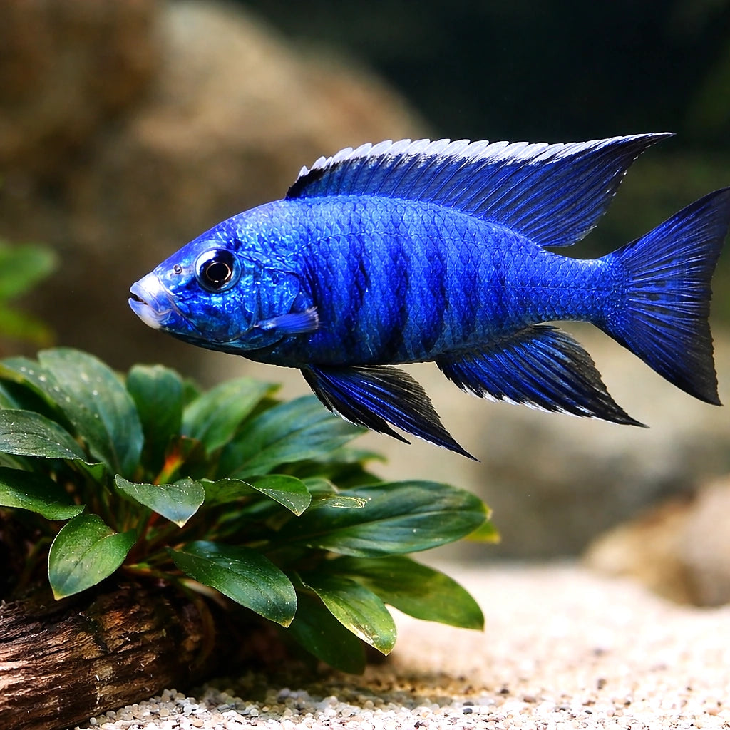 Neon Red Calico Peacock Cichlid (Aulonocara sp. 'Calico') (Aulonocara sp. 'Calico') — A vibrant Aulonocara hybrid from Lake…