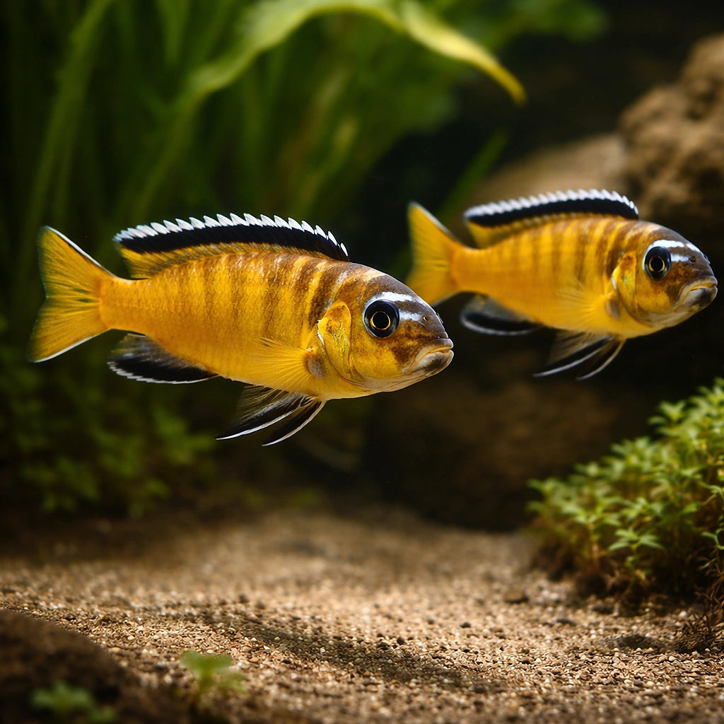 Chindongo elongatus 'Yellow' - Yellow Mbuna UK (Chindongo elongatus) — Striking Yellow Mbuna cichlid with bold colour and…