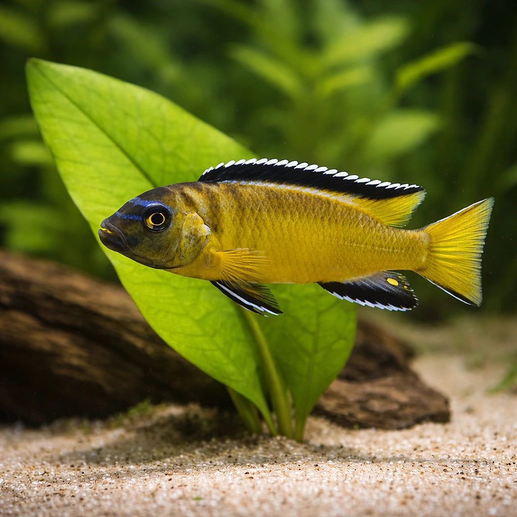 Chindongo elongatus 'Yellow' - Yellow Mbuna UK (Chindongo elongatus) — Striking Yellow Mbuna cichlid with bold colour and…