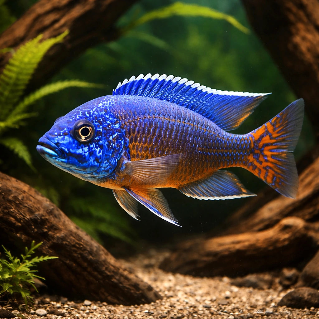 Flametail Peacock Cichlid (Aulonocara stuartgranti "Ngara") - UK (Aulonocara stuartgranti) — Bright Flametail Peacock — hero…